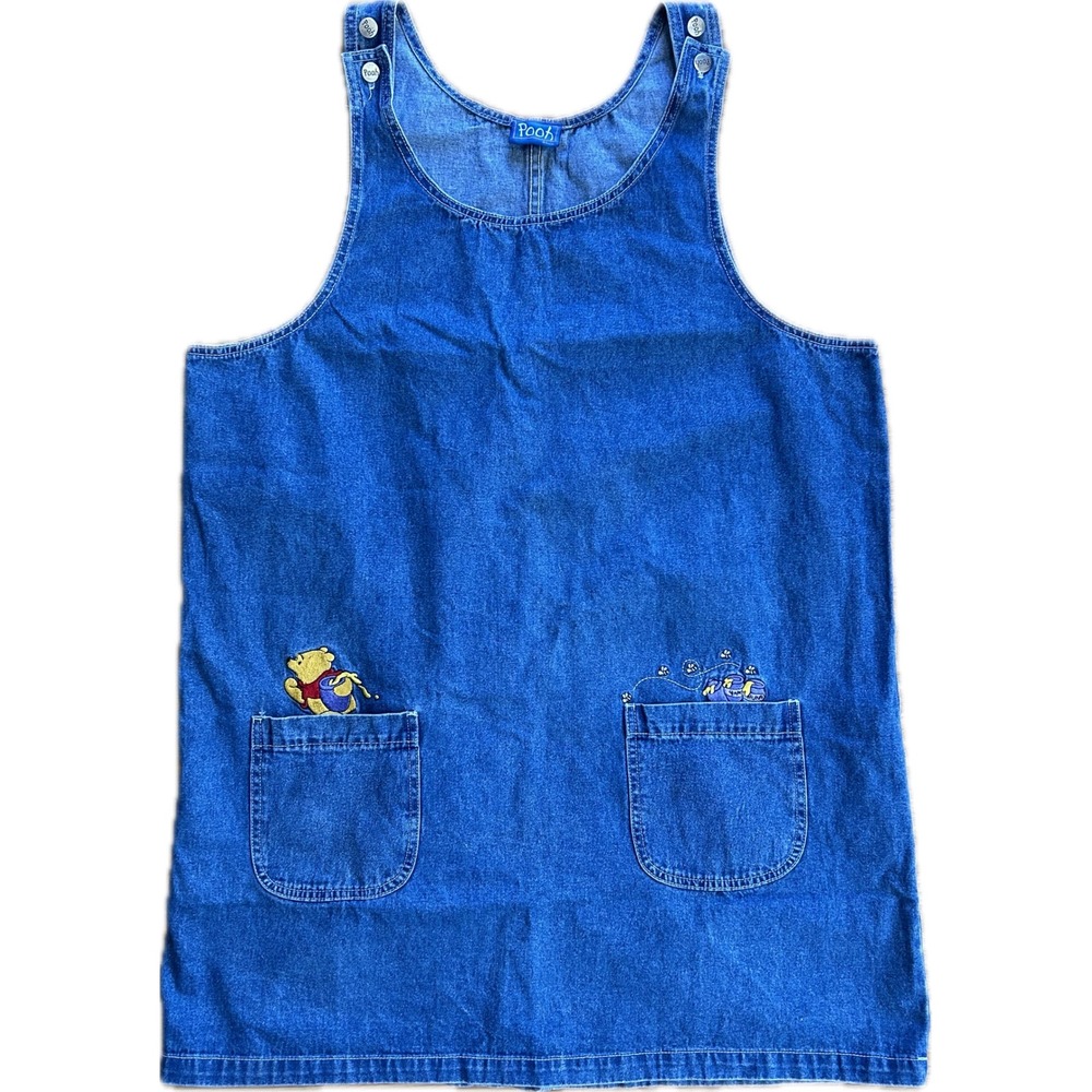 Disney Winnie the Pooh Blue Denim Jumper Dress Pinafore Embroidered‎ Pockets